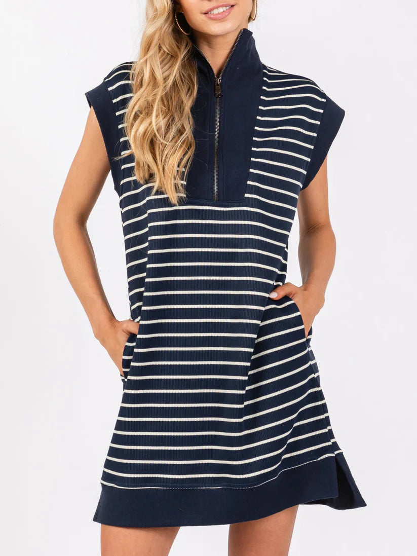 Women's Casual Striped Knit Cap Sleeve Half-Zip Dress