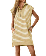 Women's Casual Striped Knit Cap Sleeve Half-Zip Dress