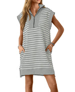 Women's Casual Striped Knit Cap Sleeve Half-Zip Dress