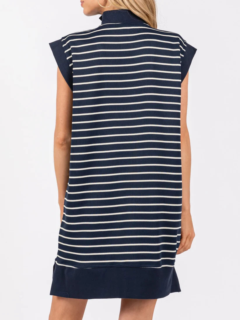 Women's Casual Striped Knit Cap Sleeve Half-Zip Dress