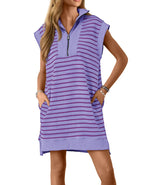 Women's Casual Striped Knit Cap Sleeve Half-Zip Dress