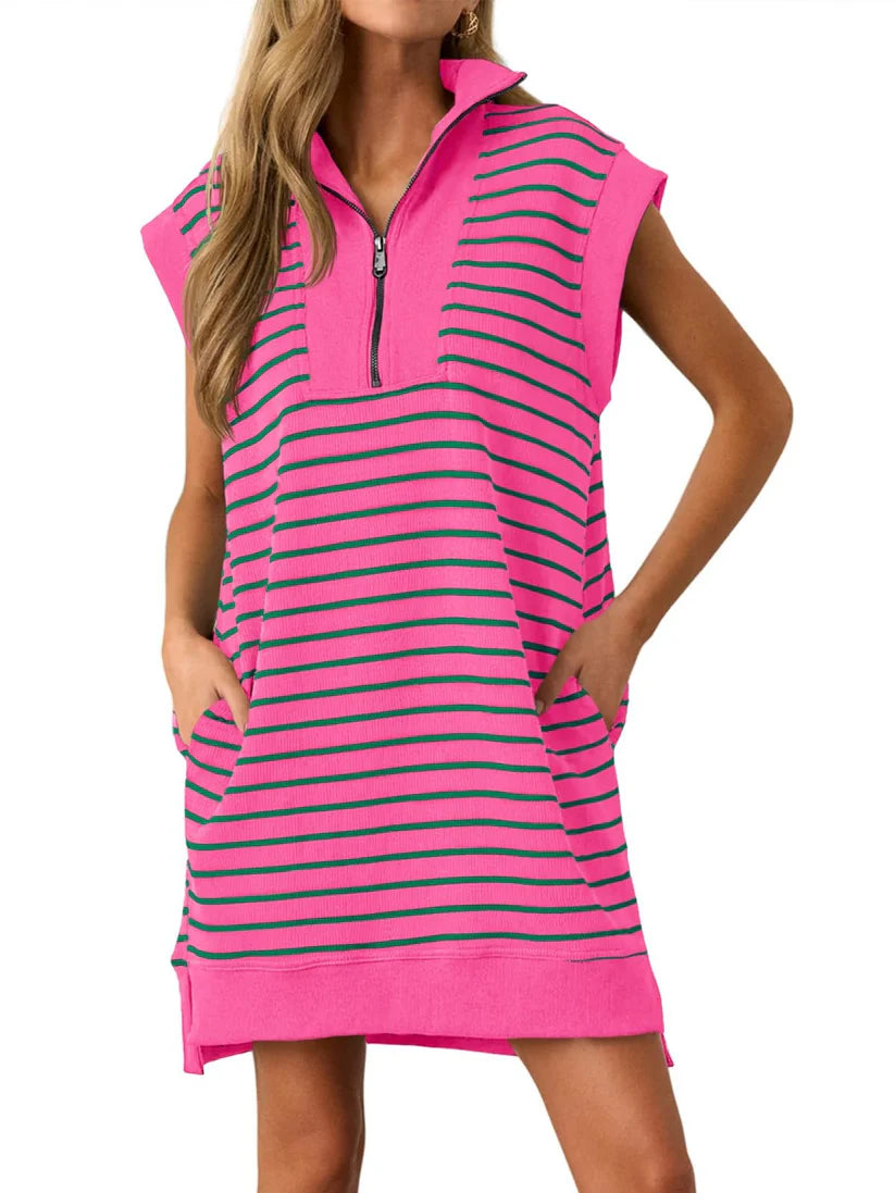 Women's Casual Striped Knit Cap Sleeve Half-Zip Dress
