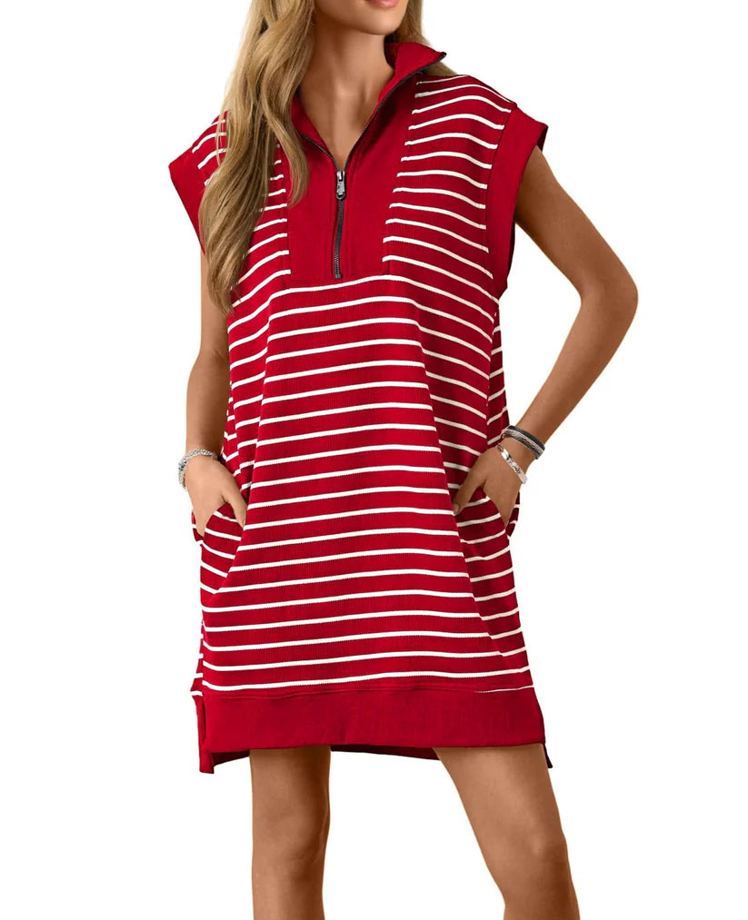 Women's Casual Striped Knit Cap Sleeve Half-Zip Dress
