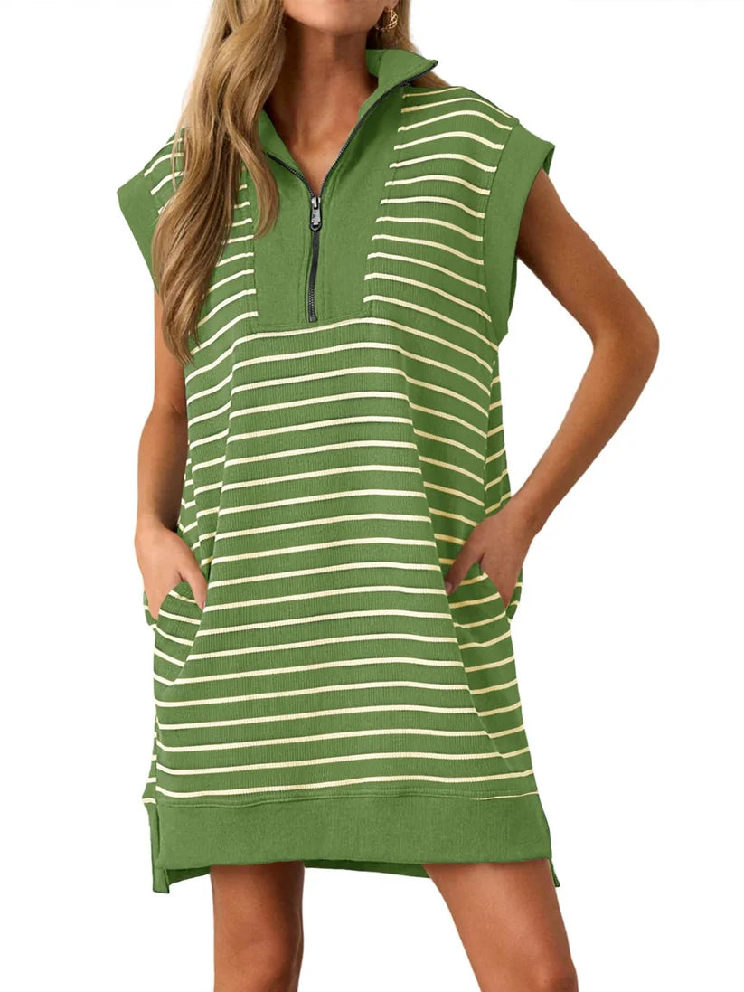 Women's Casual Striped Knit Cap Sleeve Half-Zip Dress