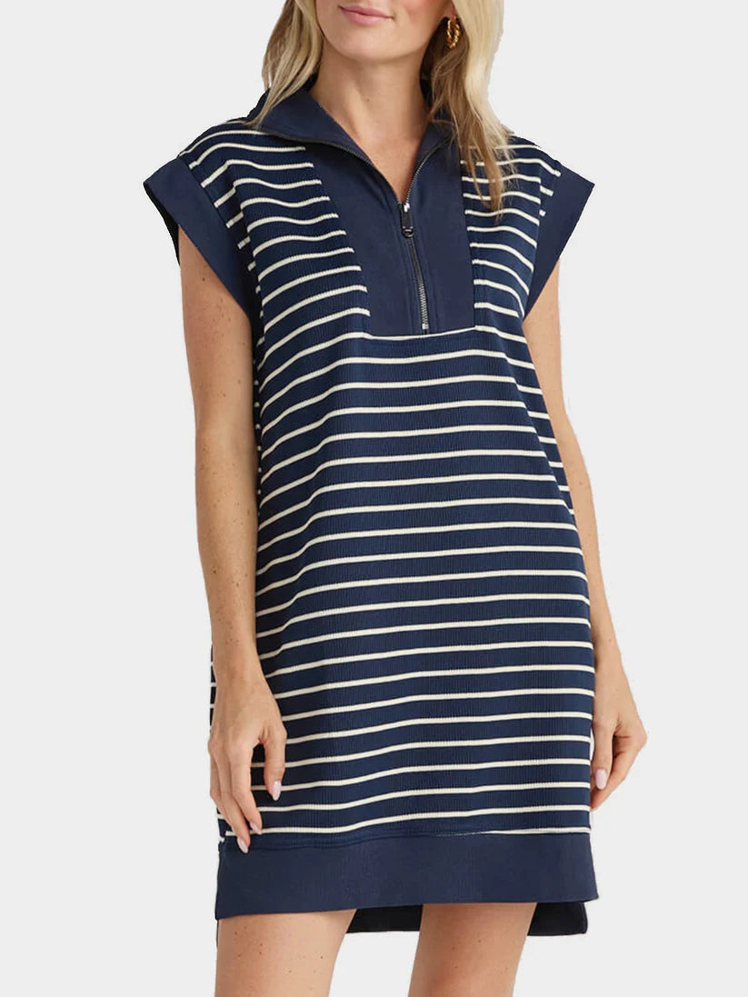 Women's Casual Striped Knit Cap Sleeve Half-Zip Dress