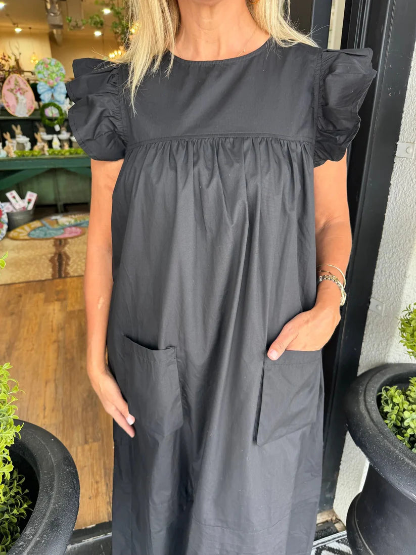Women's Solid Color Flutter Sleeve Pocket Midi Shift Dress