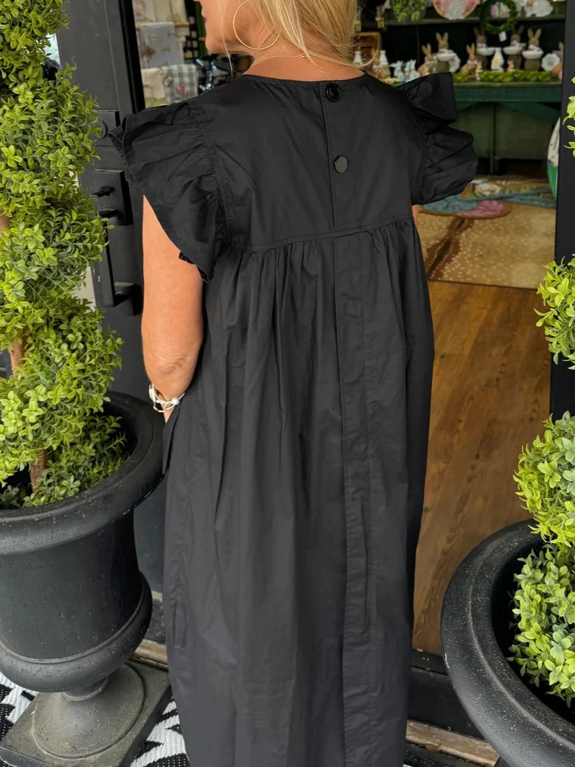Women's Solid Color Flutter Sleeve Pocket Midi Shift Dress