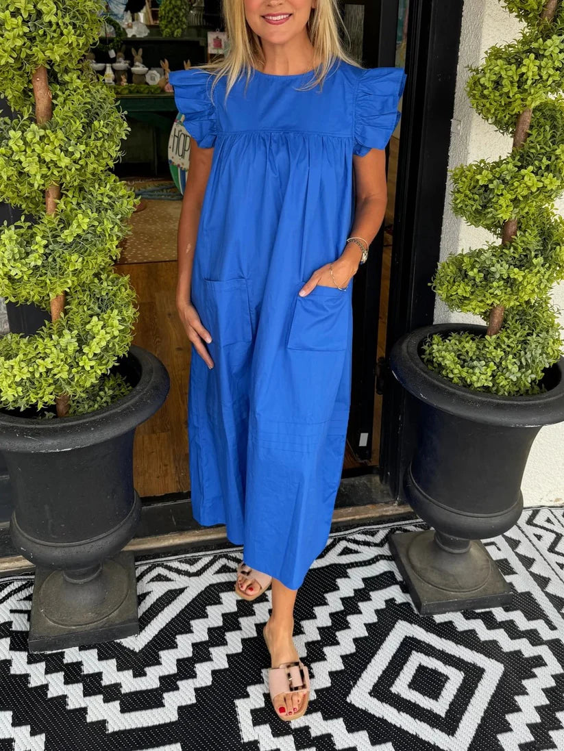 Women's Solid Color Flutter Sleeve Pocket Midi Shift Dress