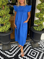 Women's Solid Color Flutter Sleeve Pocket Midi Shift Dress