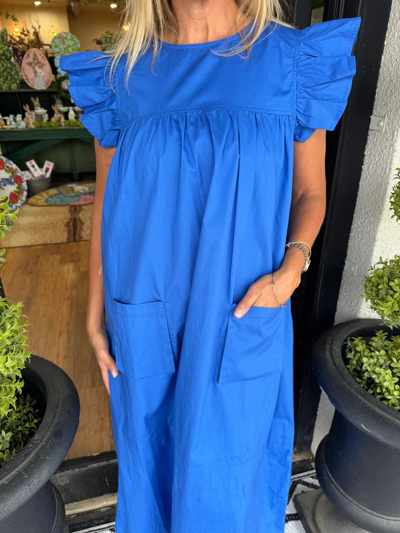 Women's Solid Color Flutter Sleeve Pocket Midi Shift Dress