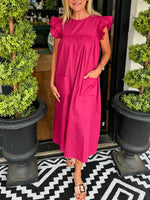 Women's Solid Color Flutter Sleeve Pocket Midi Shift Dress