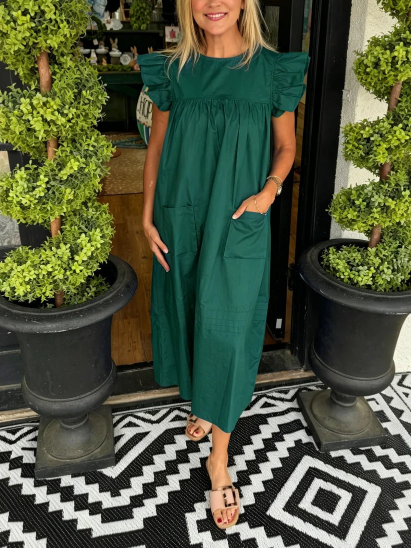 Women's Solid Color Flutter Sleeve Pocket Midi Shift Dress