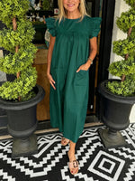 Women's Solid Color Flutter Sleeve Pocket Midi Shift Dress