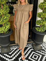 Women's Solid Color Flutter Sleeve Pocket Midi Shift Dress