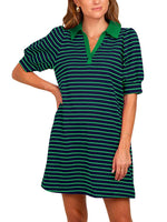 Women's Casual Striped Puff Polo T-shirt Dresses with Pockets