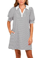 Women's Casual Striped Puff Polo T-shirt Dresses with Pockets