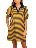 Women's Casual Striped Puff Polo T-shirt Dresses with Pockets