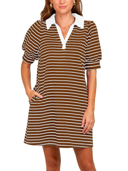 Women's Casual Striped Puff Polo T-shirt Dresses with Pockets