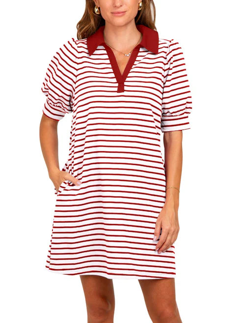 Women's Casual Striped Puff Polo T-shirt Dresses with Pockets