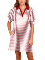 Women's Casual Striped Puff Polo T-shirt Dresses with Pockets