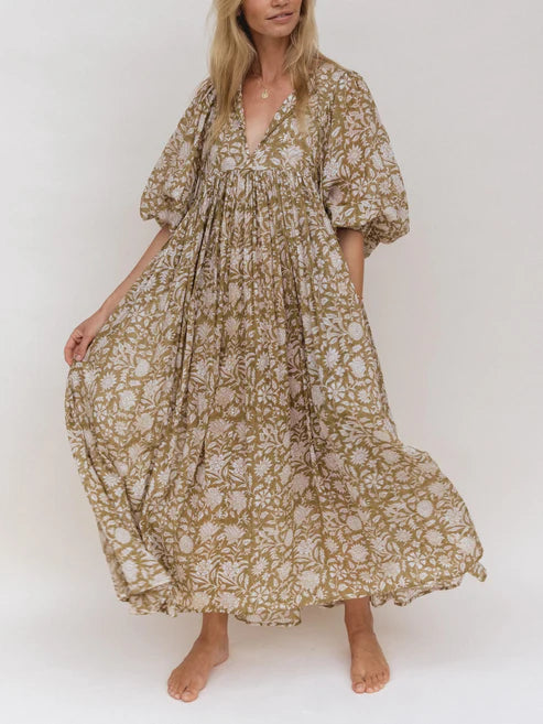 Women's Chic Floral Lantern Sleeve Flowy Maxi Dress
