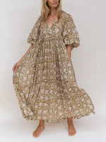 Women's Chic Floral Lantern Sleeve Flowy Maxi Dress
