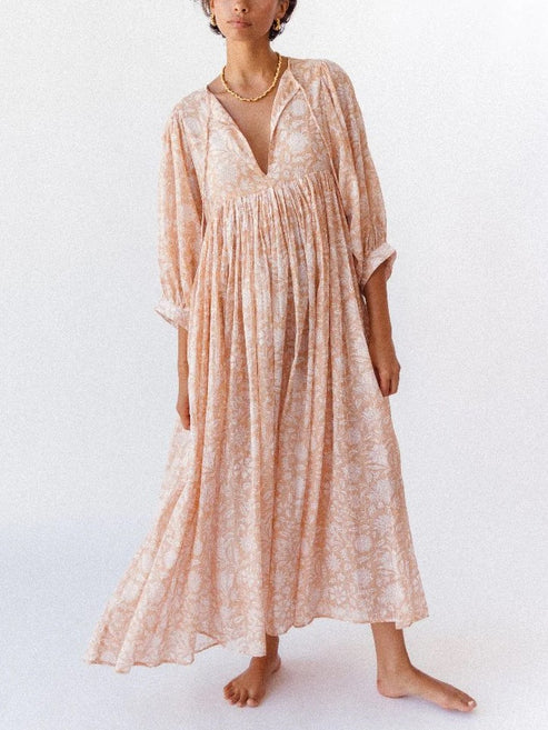 Women's Chic Floral Lantern Sleeve Flowy Maxi Dress