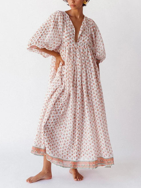 Women's Chic Floral Lantern Sleeve Flowy Maxi Dress