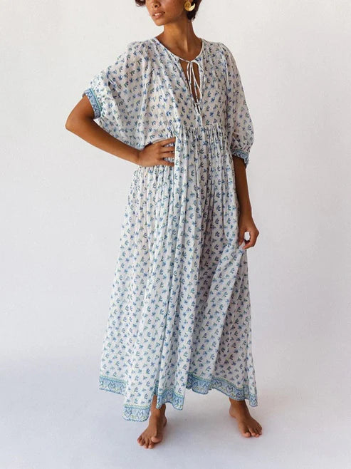 Women's Chic Floral Lantern Sleeve Flowy Maxi Dress
