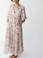 Women's Chic Floral Lantern Sleeve Flowy Maxi Dress