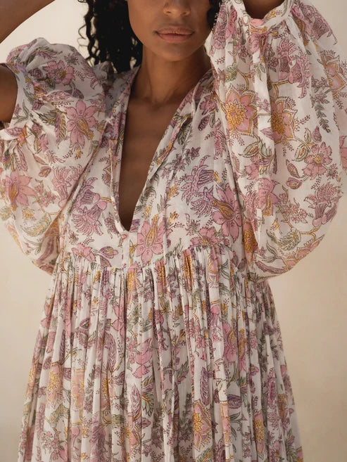 Women's Chic Floral Lantern Sleeve Flowy Maxi Dress