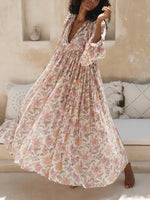 Women's Chic Floral Lantern Sleeve Flowy Maxi Dress