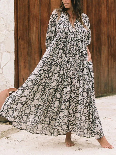 Women's Chic Floral Lantern Sleeve Flowy Maxi Dress