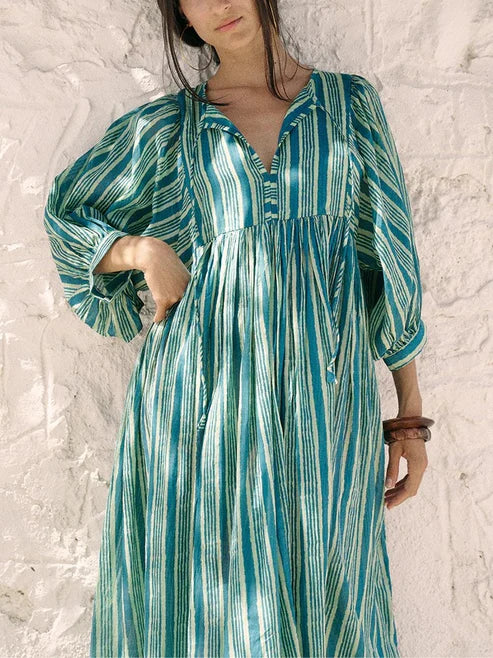 Women's Chic Floral Lantern Sleeve Flowy Maxi Dress