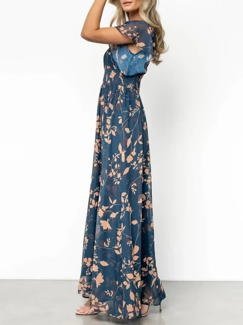 Women's Casual Flowy V-Neck Print Dress with Elastic Waist