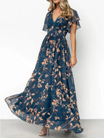 Women's Casual Flowy V-Neck Print Dress with Elastic Waist