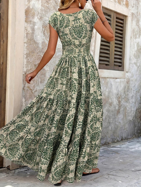 Women's Boho Chic Printed V-Neck Flowy Maxi Dress