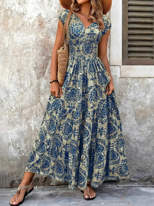 Women's Boho Chic Printed V-Neck Flowy Maxi Dress