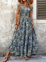 Women's Boho Chic Printed V-Neck Flowy Maxi Dress