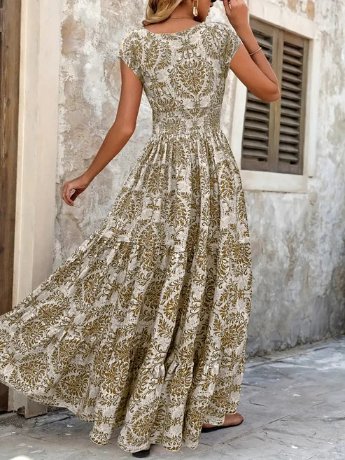 Women's Boho Chic Printed V-Neck Flowy Maxi Dress