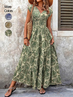 Women's Boho Chic Printed V-Neck Flowy Maxi Dress