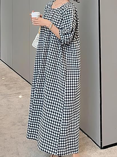 Women's Casual Loose Gingham Puff Sleeve Maxi Dress