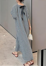 Women's Casual Loose Gingham Puff Sleeve Maxi Dress