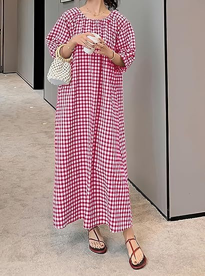 Women's Casual Loose Gingham Puff Sleeve Maxi Dress