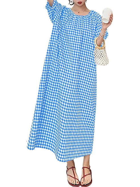 Women's Casual Loose Gingham Puff Sleeve Maxi Dress