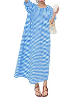 Women's Casual Loose Gingham Puff Sleeve Maxi Dress
