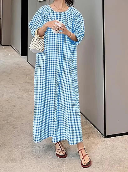 Women's Casual Loose Gingham Puff Sleeve Maxi Dress