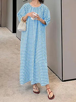 Women's Casual Loose Gingham Puff Sleeve Maxi Dress