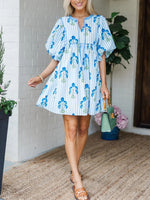 Women's Striped Printed Floral Puff Sleeve Casual Dress