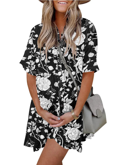 Women's Casual Boho Print Button Front Babydoll Dress